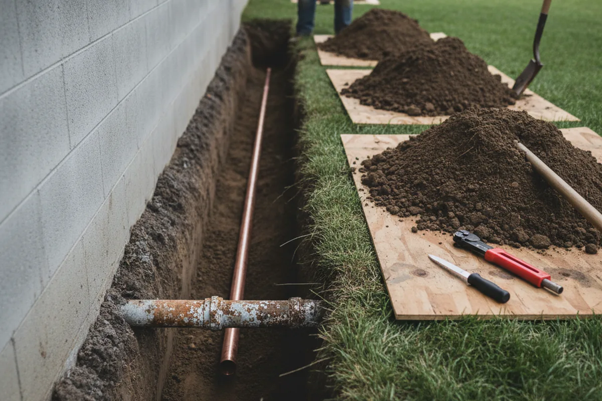 Excavated water line trench during Sewer Line Repair in Cokato